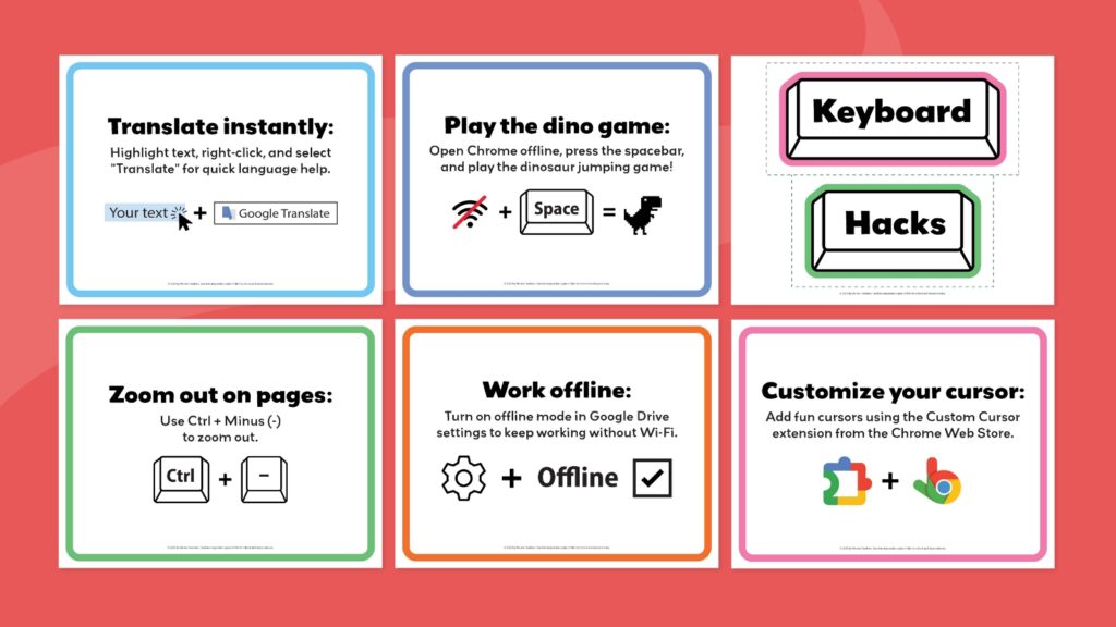 Examples of the different chromebook hack posters in the chromebook hacks bulletin board bundle