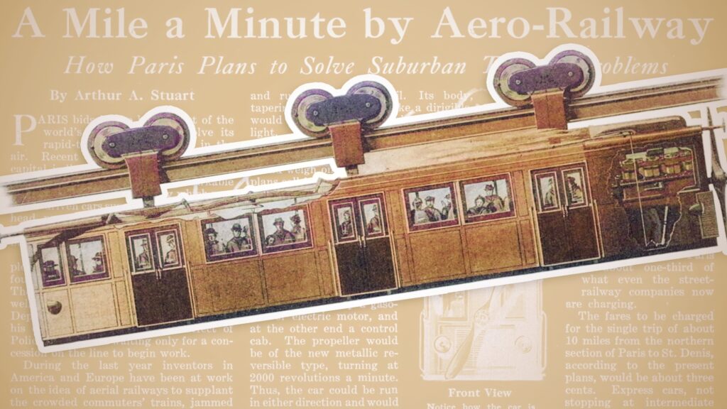 an aerial train car set on top of text