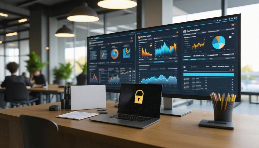 A computer on a desk with multiple screens AI-generated content may be incorrect.