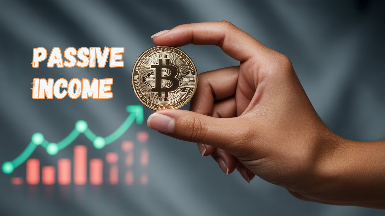 A hand holding a Bitcoin coin in front of a rising bar and line graph, with the words "Passive Income" displayed beside it, symbolizing Bitcoin earnings.