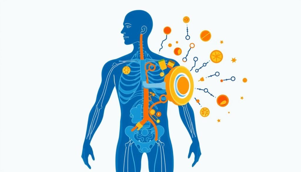 Metabolism visualization showing the body converting food to energy