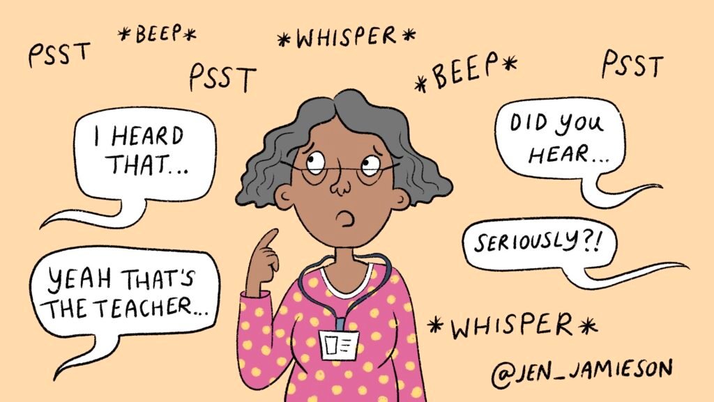 Illustration of teacher struggling to manage parent gossip