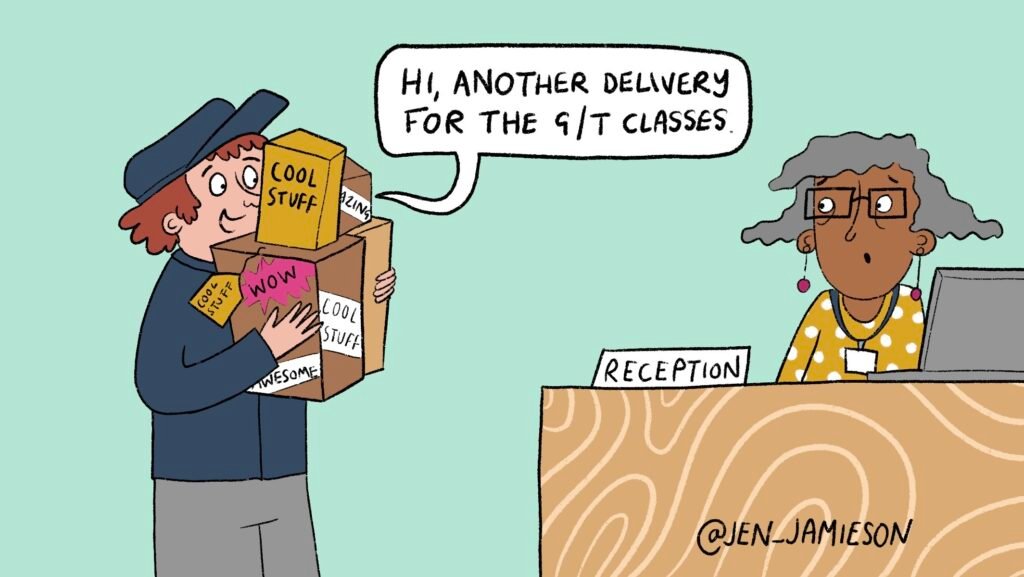 Illustration of gt students getting perks at front office of school