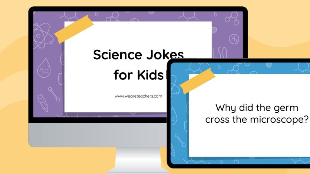 Science jokes slides on computer and tablet screen