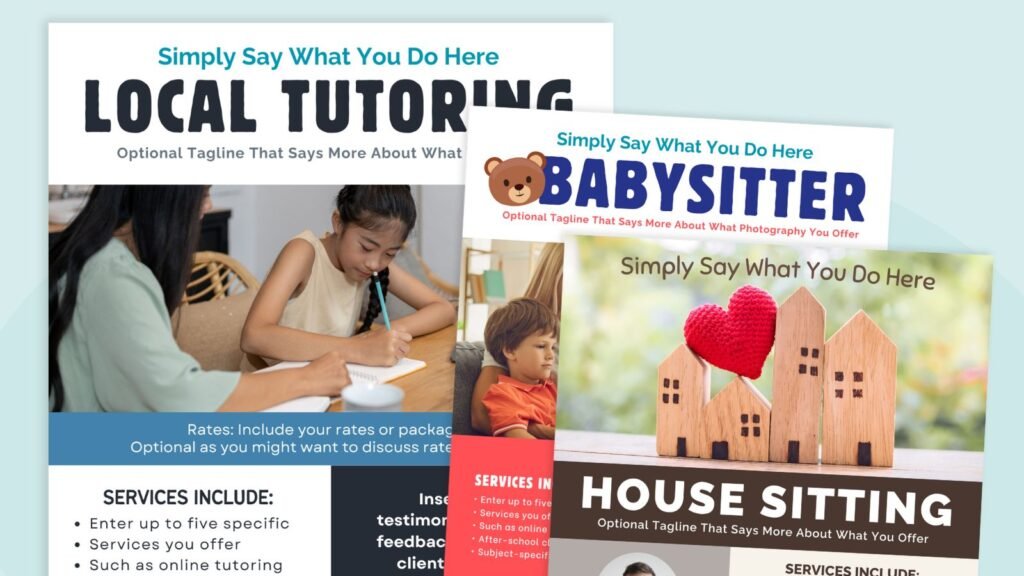 an image of three example flyer templates teachers can use to promote tutoring or other side hustles