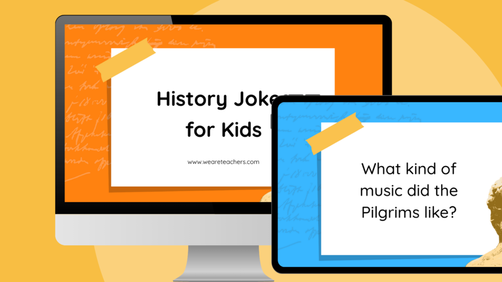 110 History Jokes We Dare You Not To Laugh At an image of a computer and ipad screen featuring history jokes for kids Google Slides