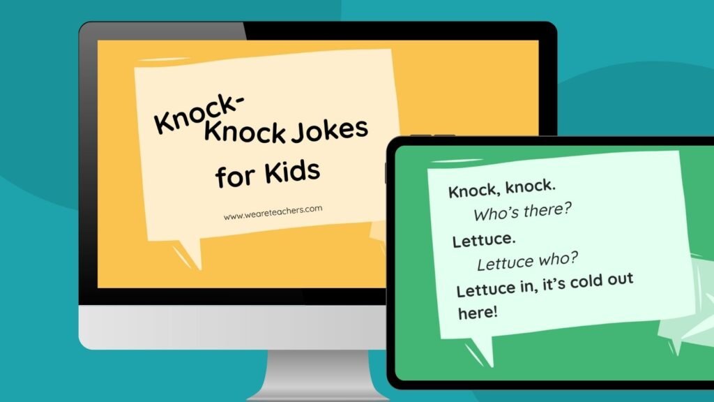 an image of a computer and ipad screen with two google slide examples of knock knock jokes for kids