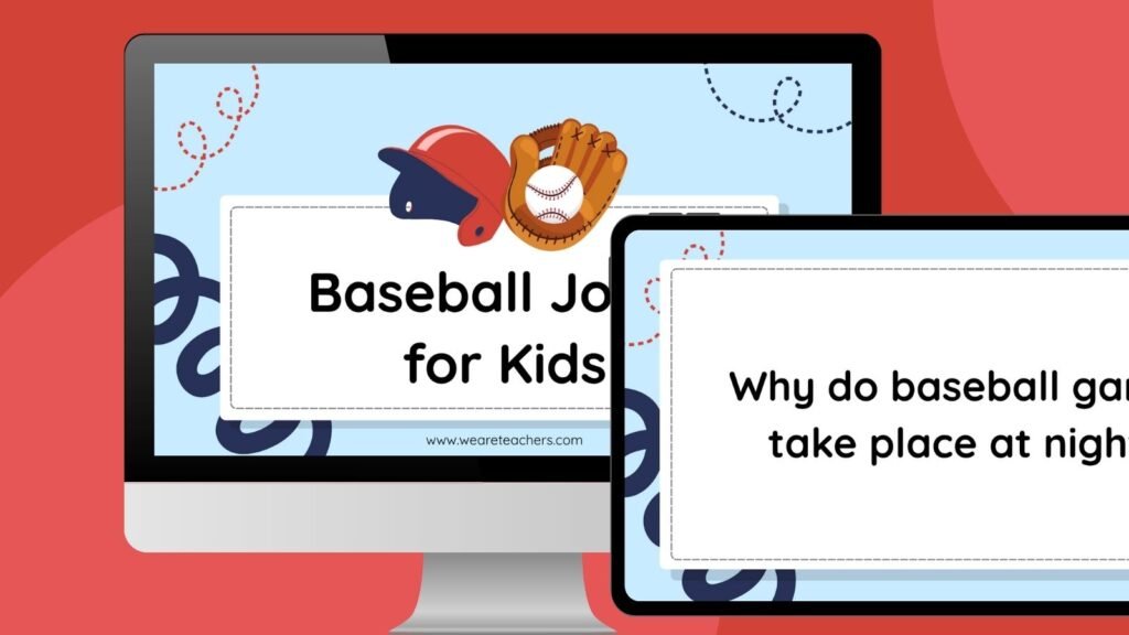 50 Baseball Jokes That Hit It Out of the Park an image of a computer and ipad screen featuring two baseball jokes slides