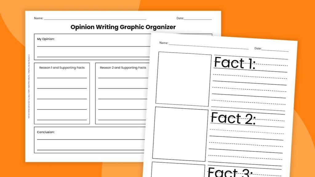 Opinion Writing Graphic Organizer Bundle (Free Printable) Two-page opinion writing graphic organizer on an orange background