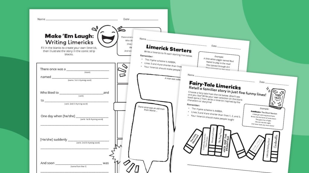 Collage of three printable limerick worksheets