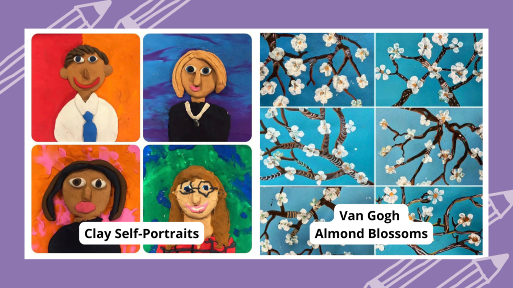 5th Grade art projects, including clay self portraits and Van Gogh almond blossoms