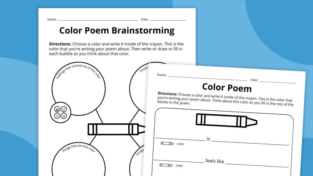 Color Poem Template Bundle (Free Printable Worksheets) color poems brainstorming and writing worksheets