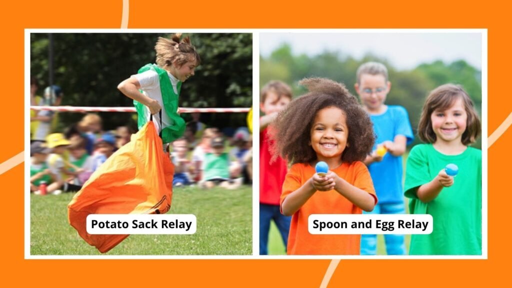an image of student participating in field day races like the potato sack race and the spoon and egg race