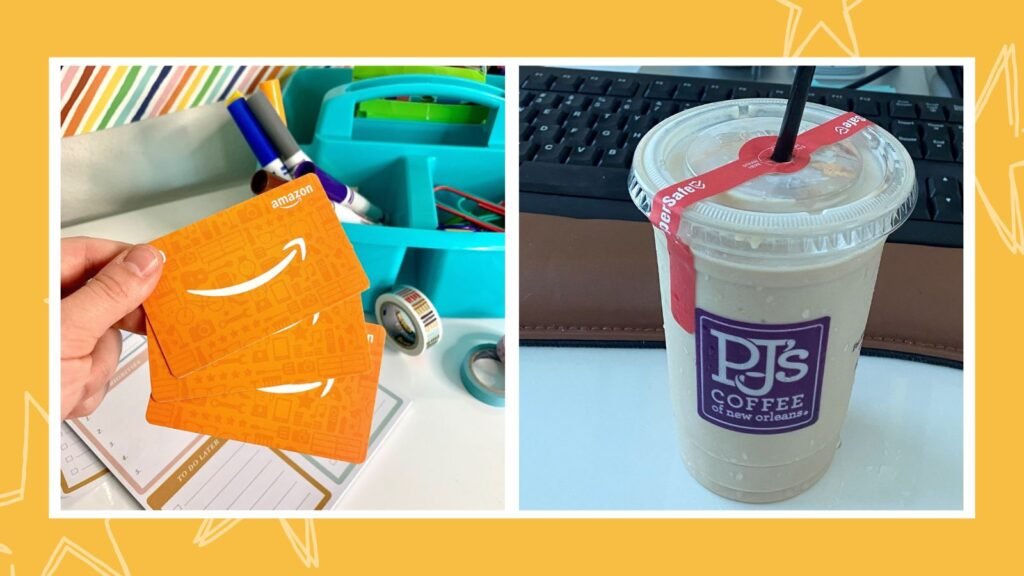 Teacher gifts including amazon gift cards and iced coffee