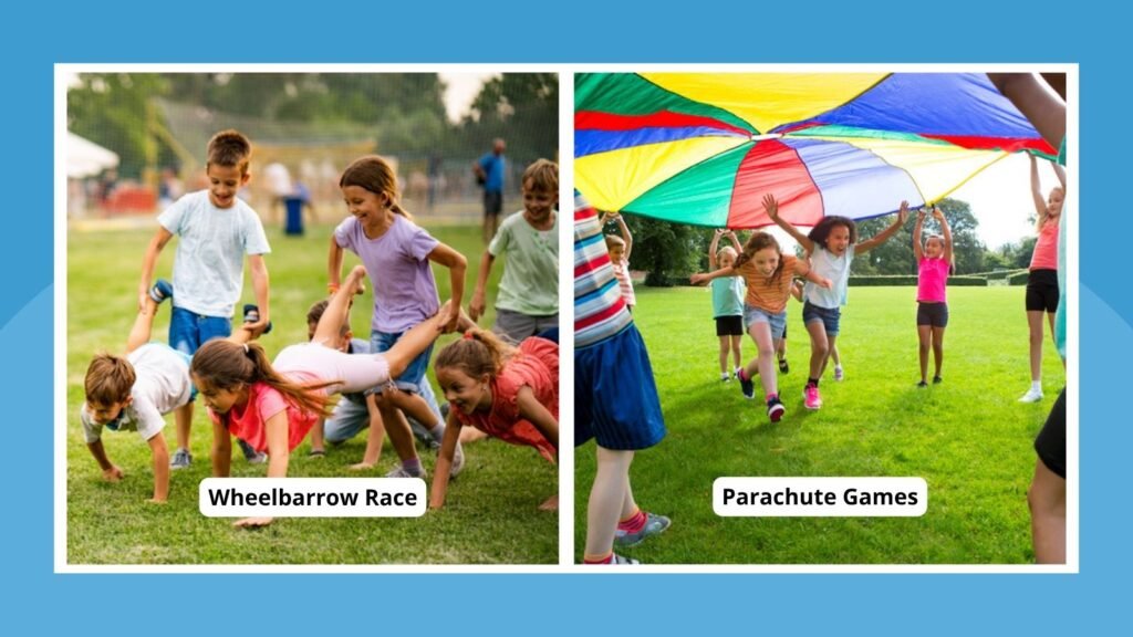 an image of two elementary PE games that include wheelbarrow races and parachute games