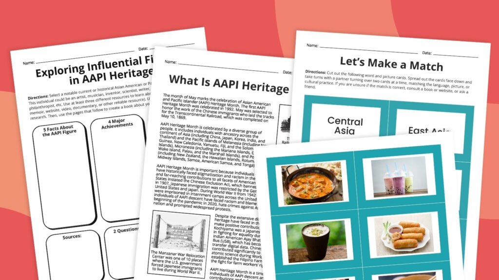 AAPI Heritage Month Worksheets (Free Printables) Rectangular collage of AAPI Heritage month worksheets