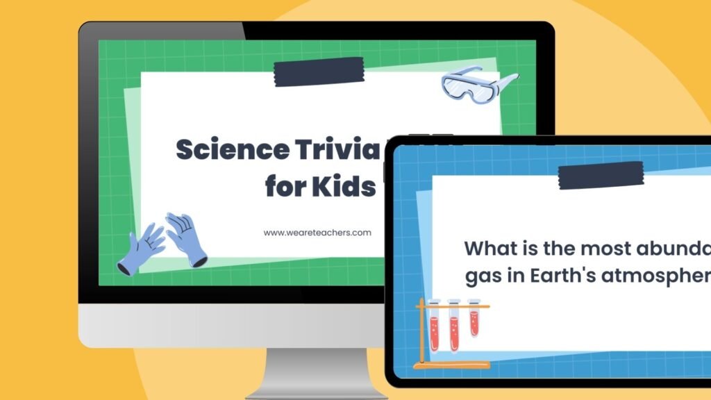 a mockup of a computer and tablet screen featuring science trivia for kids slides