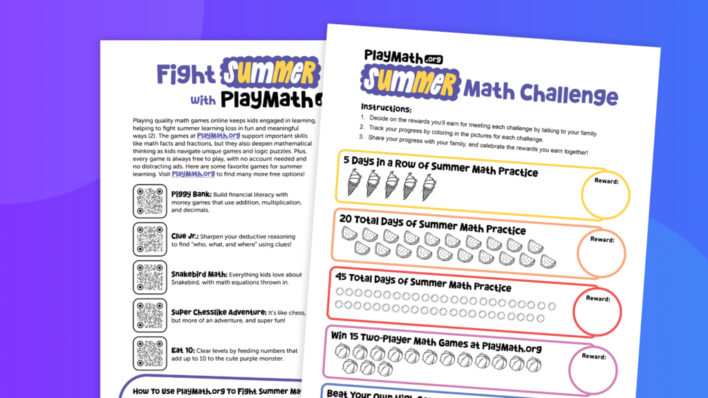 Fight Summer Slide With Free Math Games (Printable Flyer) Flay lay of a two-page flyer for PlayMath.org encouraging parents to use free math games to fight summer slide